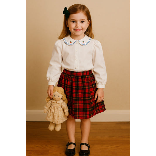 Plum Pudding Ltd. Girls Vintage Blouse | 1980s White w/ Apple Embroidered Collar | Made in USA | Classic Cottagecore Kids Clothing | Size 6