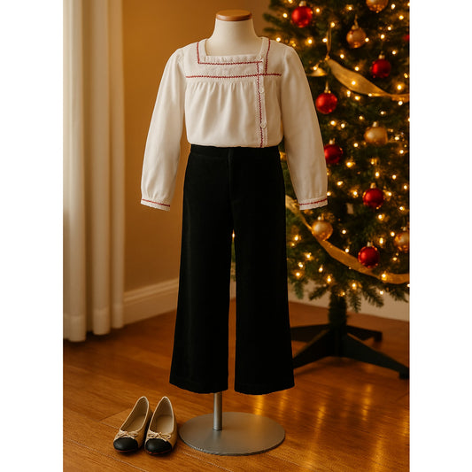 Jacadi White Flannel Long Sleeve Blouse Button Up Red Vine Trim | Girls Size 8 Y