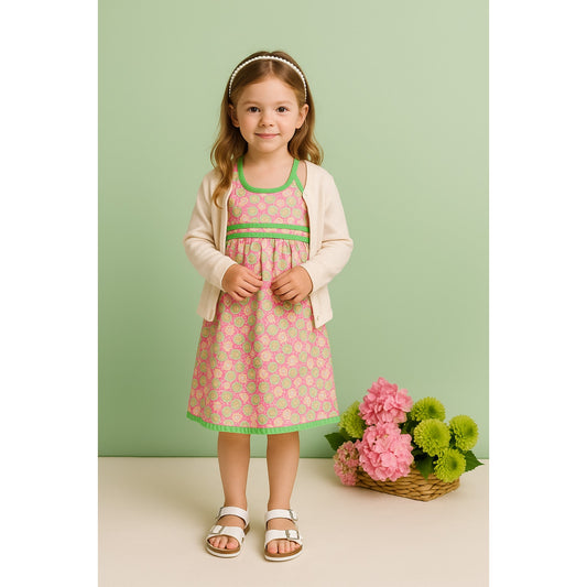 Vintage 1990s Lilly Pulitzer Girls Dress – Pink, Lime Green and Yellow Sand Dollar Floral Print – Sleeveless Cotton Sundress | Size 5