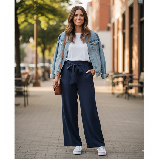 Michael Kors Wide Leg Pants Navy Blue Viscose Tie Waist | Women's 10