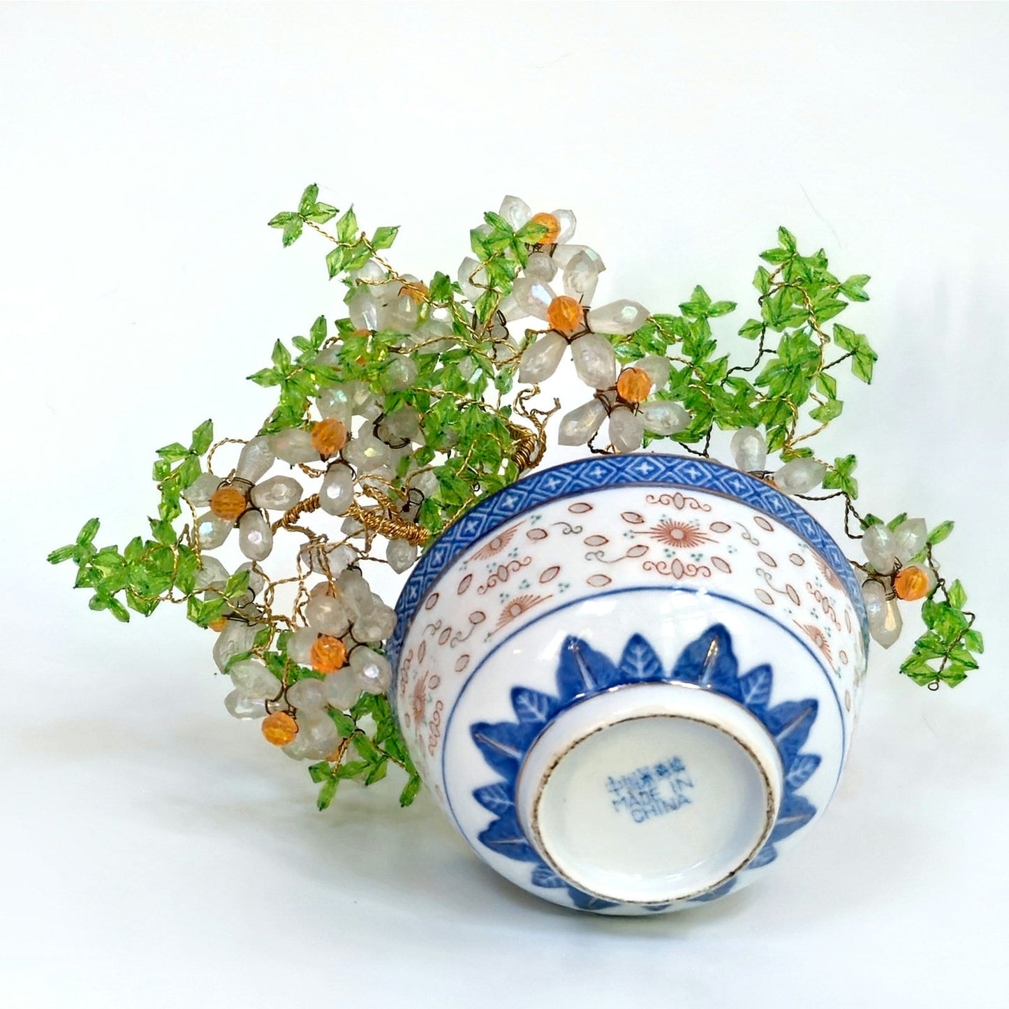 Vintage Chinese Gemstone Bonsai Tree in Porcelain Bowl