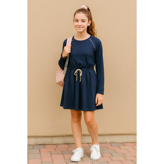 Girls Blue Long Sleeve Drawstring Waist Gold Trim Skater Dress | Size 13-14Y