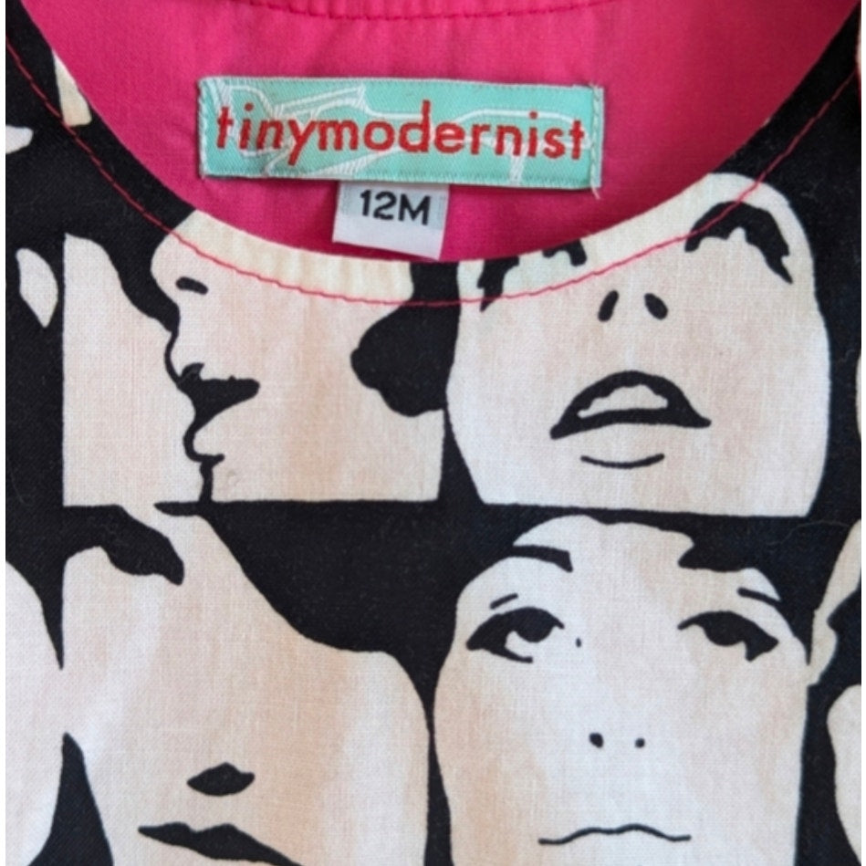 Tiny Modernist Retro Faces Baby Go-Go Dress – Pink, Black & White – Size 12 Months
