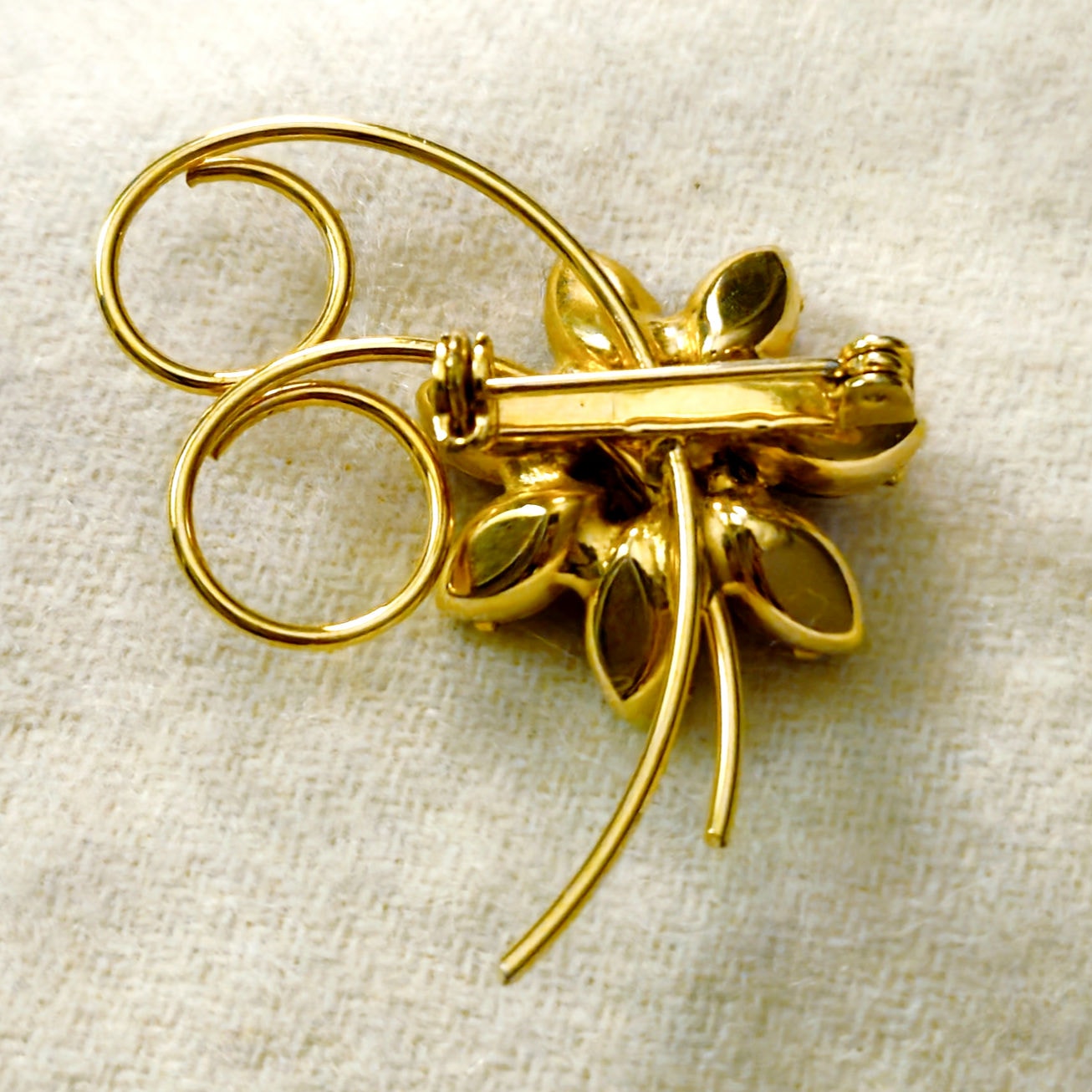 Vintage Red Rhinestone Flower Brooch Gold Tone | Mid Century Ruby Glass Statement Pin