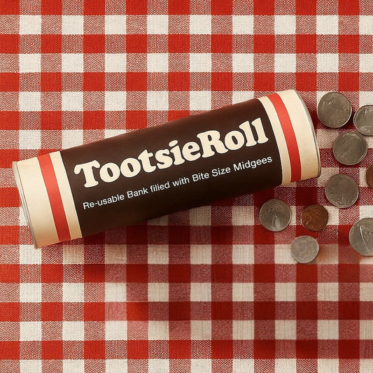 Vintage 1970s Tootsie Roll Coin Bank – 7.5” Tall Retro Candy Tube Reusable Promotional Bank – Iconic Chocolate Candy Branding – Collectible Kids Home Gift