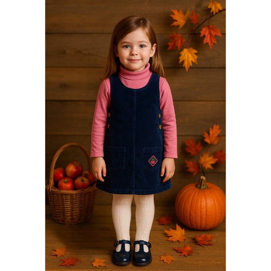 Healthtex Vintage 1980s Girls Navy Blue Corduroy Jumper with Cherries Embroidery | Size 5