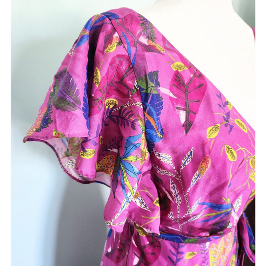 Tanya Taylor Dita Silk Wrap Ruffle Dress – Jungle Leaves Purple – Size 8