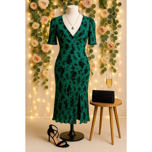 Caroll Paris Women's Green Crinkle Midi Dress Size 6 US | 38 EU