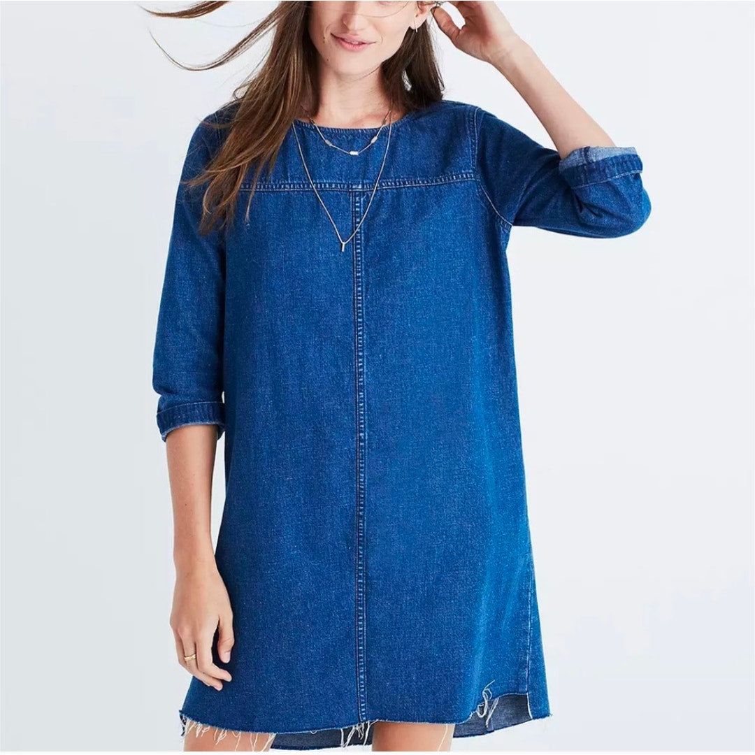 Madewell 3/4 Sleeve Denim Shift Dress Cotton Linen Blend Raw Hem | Women's Size XXS