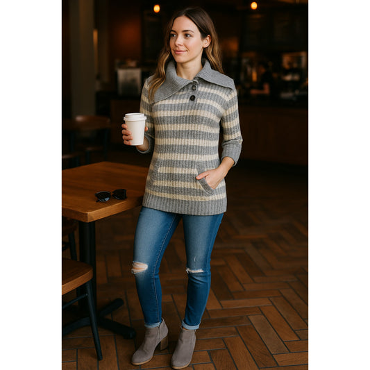 Change of the Moon Glissando Cowl Neck Sweater – Ivory & Gray – Women's L