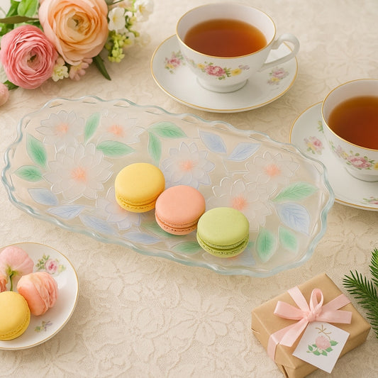 Vintage 1990s Crystal Clear Studios Frosted Pastel Lotus Flower Platter – Rare Hand-Painted Cut Glass Dish Japan | Home Decor