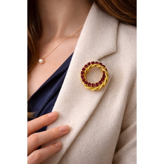 Vintage Red Rhinestone and Gold Tone Wreath Brooch | Mid Century Circle Pin