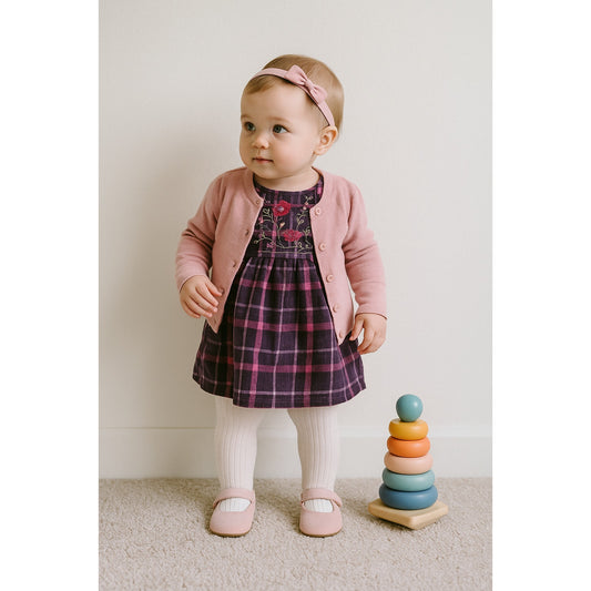 McKids Vintage 1990s Baby Girl Jumper Dress | Pink Purple Plaid Floral Embroidery | Size 18M Cotton Toddler Dress