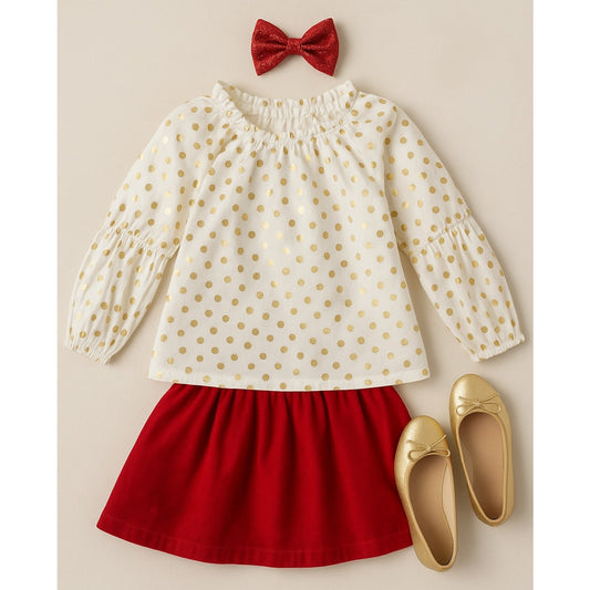 Crewcuts Elaine Bubble Sleeve Blouse – White Cotton with Shiny Gold Polka Dots, Long Sleeve Party Top | Girls Size 10