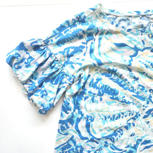 Lilly Pulitzer Girls Mini Linden Dress | XL 12-14 | Bennet Blue Shell Print Puff Sleeve Cotton