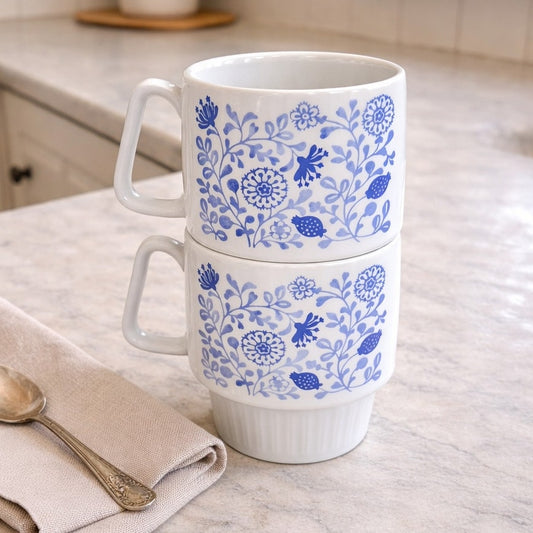 Pair of Vintage Floral Ceramic Stackable Mugs – 1970s Blue & White Scandinavian