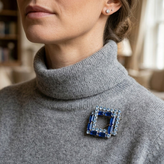 Vintage Art Deco Square Blue Rhinestone Brooch | Mid Century Statement Pin