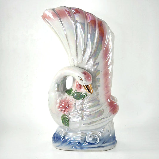 Vintage Iridescent Ceramic Swan Vase – Pink & Blue Floral Mid-Century Planter – Swan Figurine Home Décor