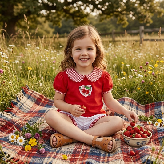 Vintage 1980s Healthtex Girls Red Cherry Gingham Swing Top | Made in USA | Cottagecore Toddler Blouse | Retro Puff Sleeve Shirt | Size 5