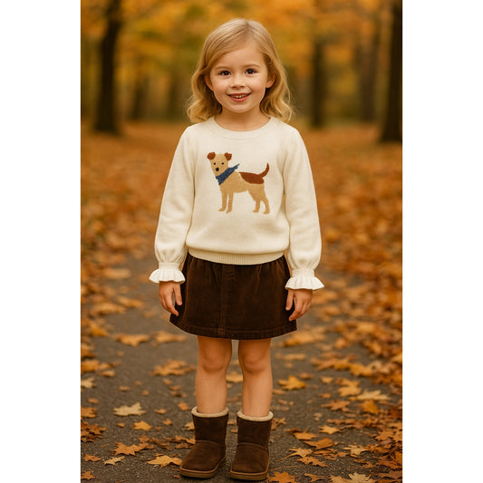 Janie and Jack Ruffle Cuff Dog Sweater | Jet Ivory White Cotton | Girls Size 5