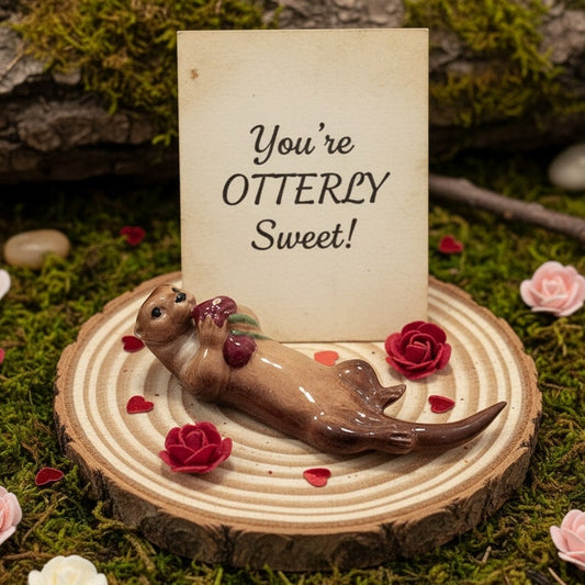 Vintage 1989 Hagen-Renaker Otter Figurine with Flowers – Walt Disney Licensed Miniature on Card – Collectible Ceramic Animal