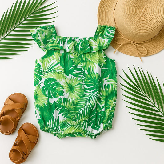 Janie and Jack Palm Leaf Bubble Romper Green Banana Leaf Print | Baby Size 3-6M