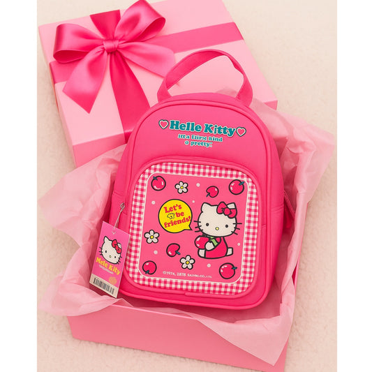 Vintage 2002 Kids Sanrio Hello Kitty Pink Bag – Cherries Daisies Gingham Print – "Let’s Be Friends" – Kawaii Collectible Tote – NWT