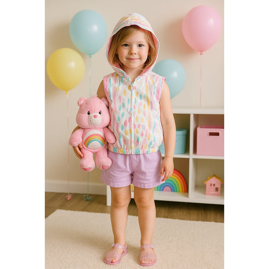 Vintage 1980s Girls Sleeveless Hooded Vest | Size 5T 5/6 | Pastel Confetti Print | Snap Button Front | Retro Summer Outerwear