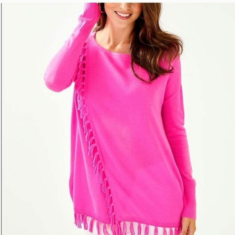Lilly Pulitzer Emberly Sweater | Mandevilla Pink Fringe Tassel Pullover Women's Medium