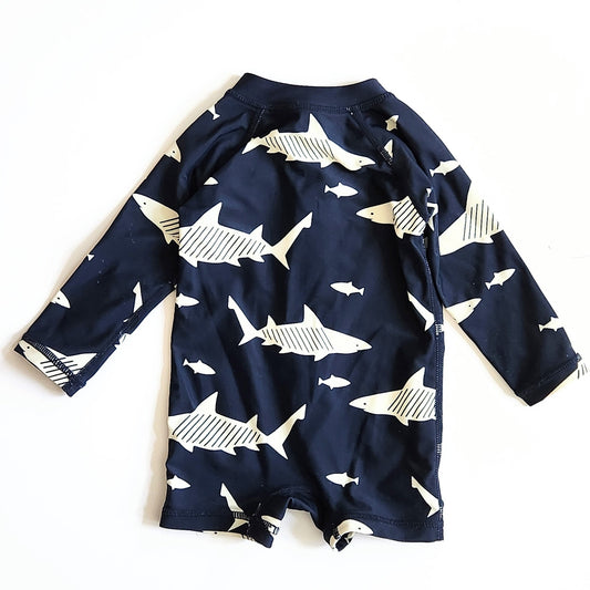 Tea Collection Infant Navy Bkue Shark Rash Guard One Piece Swimsuit Size 6 months