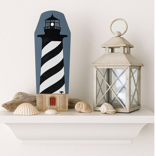 Vintage 1990s Cat’s Meow Village Cape Hatteras Lighthouse | Retired Handcrafted Wood Collectible | Black & White Striped Nautical Home Decor