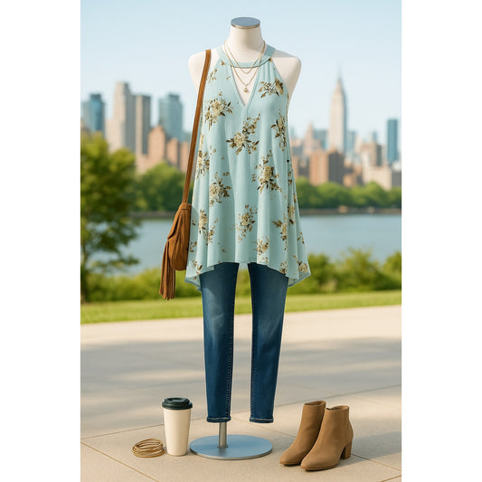 Free People Faded Floral Tunic Dress Women’s Small Mint Brown Sleeveless Swing Crinkle Boho