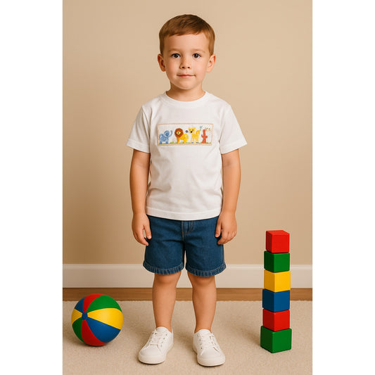 🦁Classic Whimsy Toddler Jungle Animal Smocked Tee – Safari Embroidered Shirt, Kids Size 5