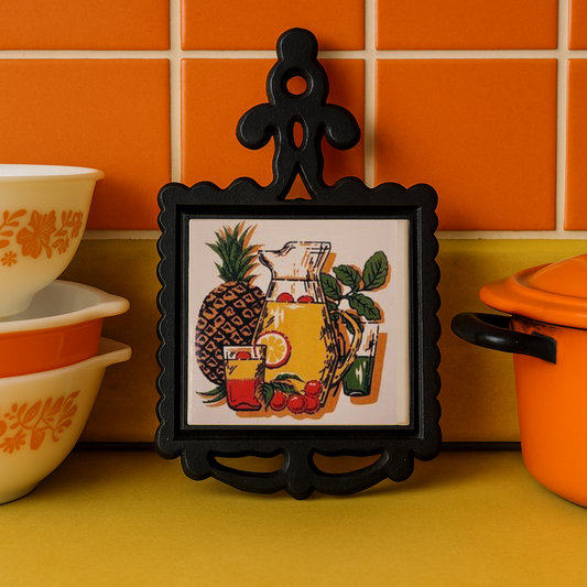 Vintage 1970s Pineapple & Lemonade Pitcher Cast Iron Trivet Retro Kitchen Decor