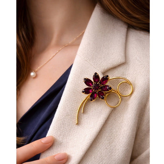 Vintage Red Rhinestone Flower Brooch Gold Tone | Mid Century Ruby Glass Statement Pin