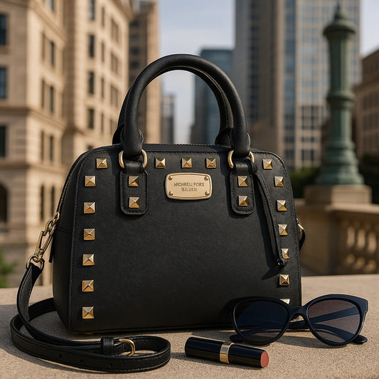 MICHAEL Michael Kors Women's Black Saffiano Leather Small Studded Sandrine Satchel