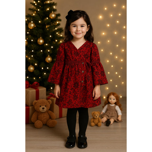 Red Floral Scroll Wrap Dress | Long Bell Sleeves | Girls Size 5