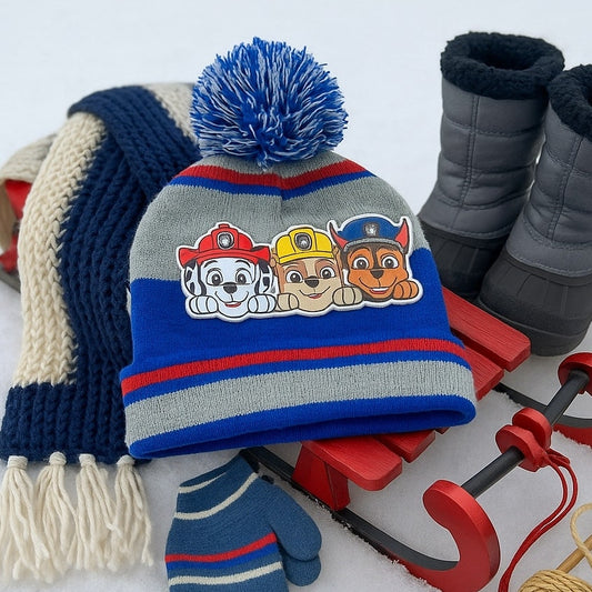 Nickelodeon Paw Patrol Toddler Winter Beanie Hat – Pom Pom Blue, Red & Gray Stripes