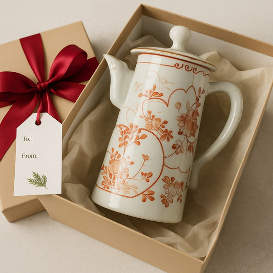 Antique Japanese Chocolate Pot | Early 20th Century Porcelain | Red Orange Floral Design with Gold Gilding | Bamboo Handle | Asian Decorative Teapot 7.5"