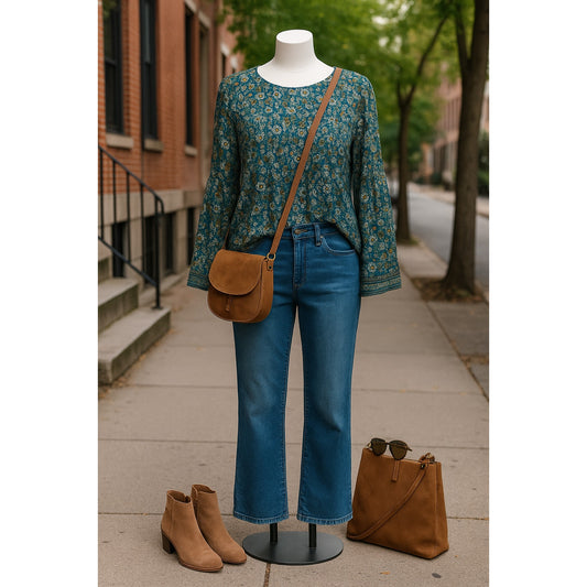 🛍️ Max Studio Women’s Green Floral Crepe Pleated Long Sleeve Blouse – Size L