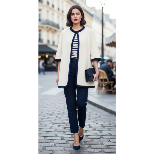 Retro-Inspired Cream Cape Jacket with Navy Trim | Classic Mod Style | Open Front