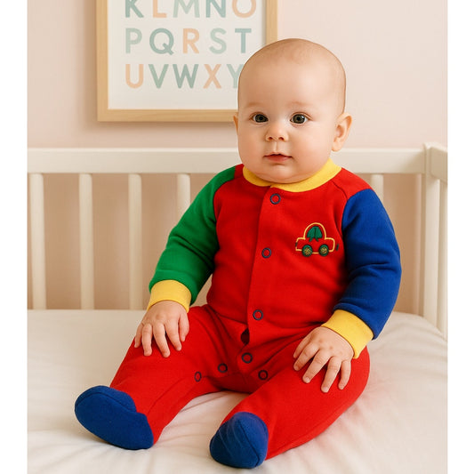 Vintage 1980s Playskool Baby Footed Sleeper – Colorblock Red Green Blue with Embroidered Car – Size Medium 3-6 Months USA Made