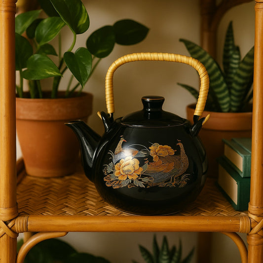 Vintage 1970s Japanese Style Black Teapot with Rattan Handle – Cherry Blossoms, Peacock & Peahen Gold Gilded Design | Home Decor