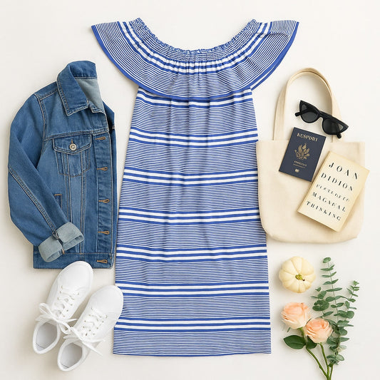 Vineyard Vines Blue White Striped Off Shoulder Ruffle Dress Women's Size XS