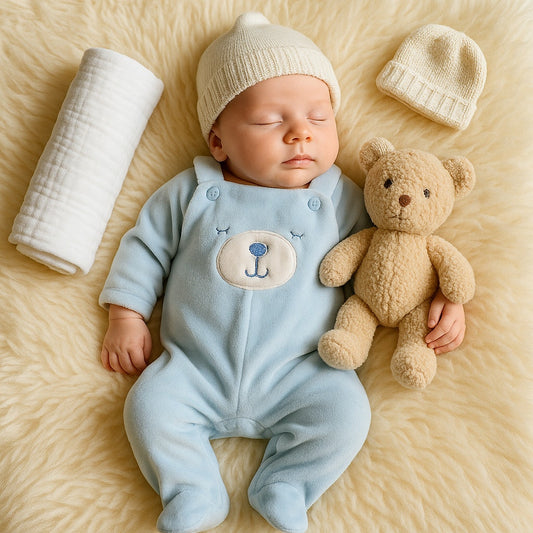 1980s Velour Baby Blue Bear Footie Overalls – Size 0-3 Months (Up to 13 lbs)