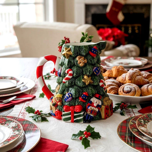 1994 Christmas Tree Ceramic Pitcher with Candy Cane Handle, Teddy Bear & Gift Box Details