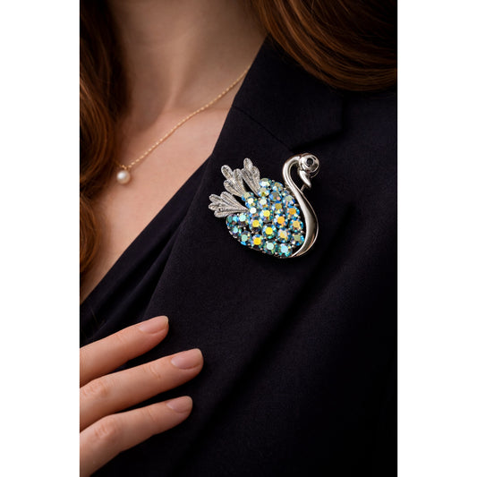 Vintage Aurora Borealis Swan Brooch | Silver Tone Mid Century Jewelry