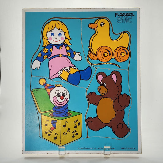 Vintage 1986 Playskool Wooden Puzzle – “Playthings” 4-Piece Toy Theme – Toddler Learning Puzzle – Ages 1-3 – Collectible Retro Nursery Décor