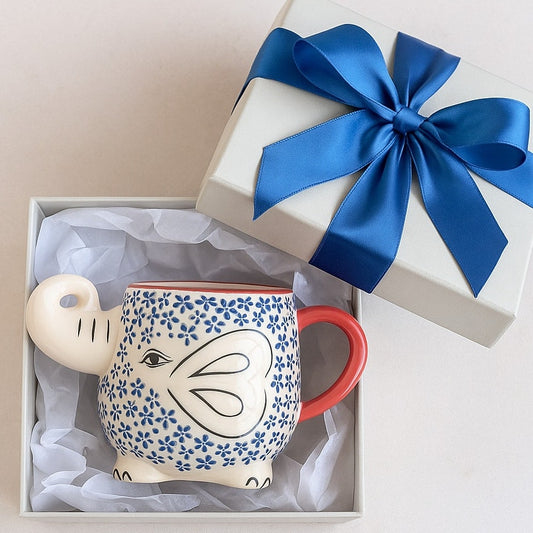 🐘 Yokohama Studio Japan Ceramic & Enamel Blue Floral Elephant Mug – Reproduction | Home