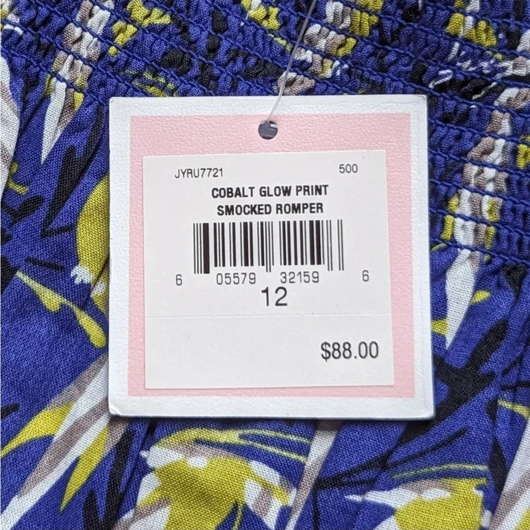 Juicy Couture Girls 12 Romper Cobalt Glow Tropical Print Smocked Bodice NWT